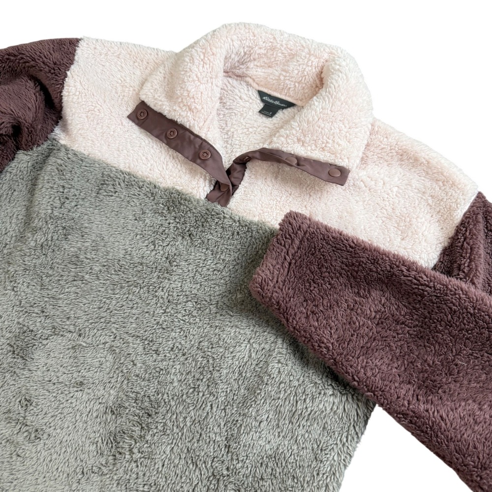Eddie Bauer Teddy Fleece Pullover Women's Small Colorblock Sherpa Snap Soft